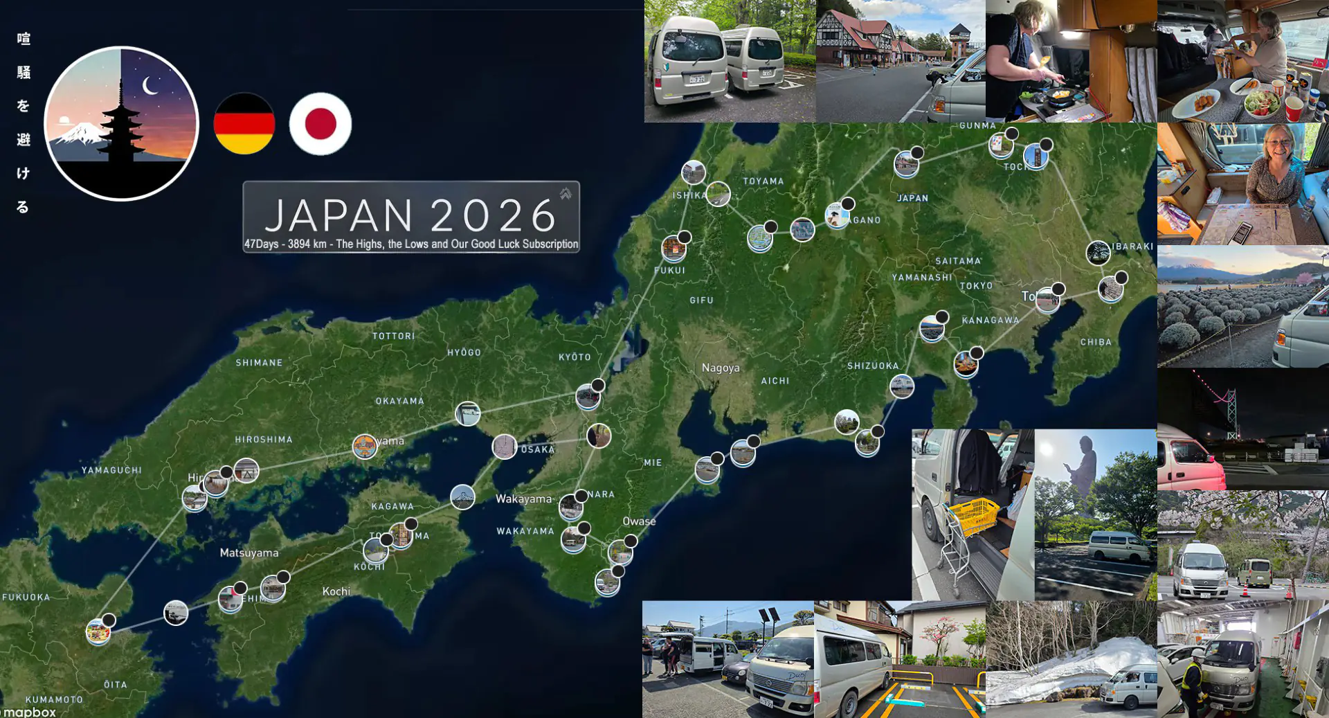 Japan-Rundreise mit dem Camper 2026 – Routenkarte mit 3.894 Kilometern