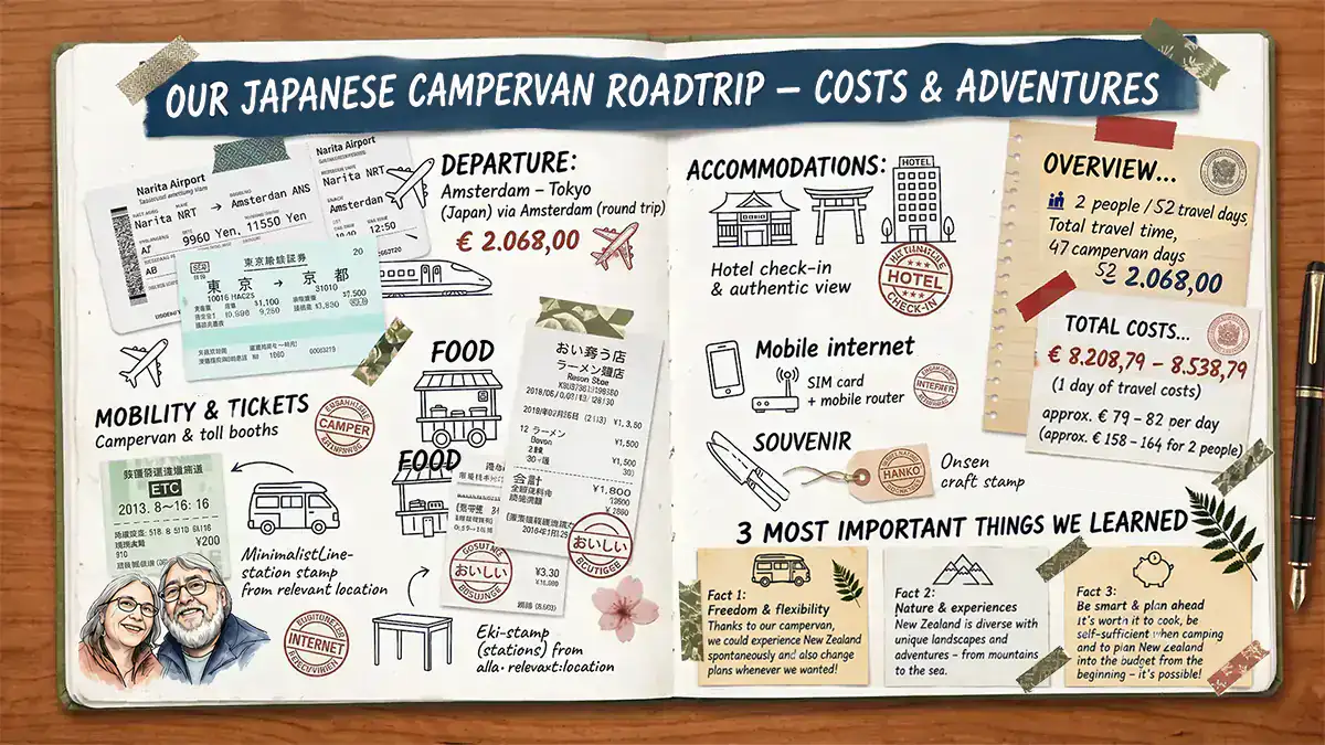 Illustrated infographic showing the documented costs of a 52-day Japan road trip for two people, including 47 days in a Nissan DUO campervan.