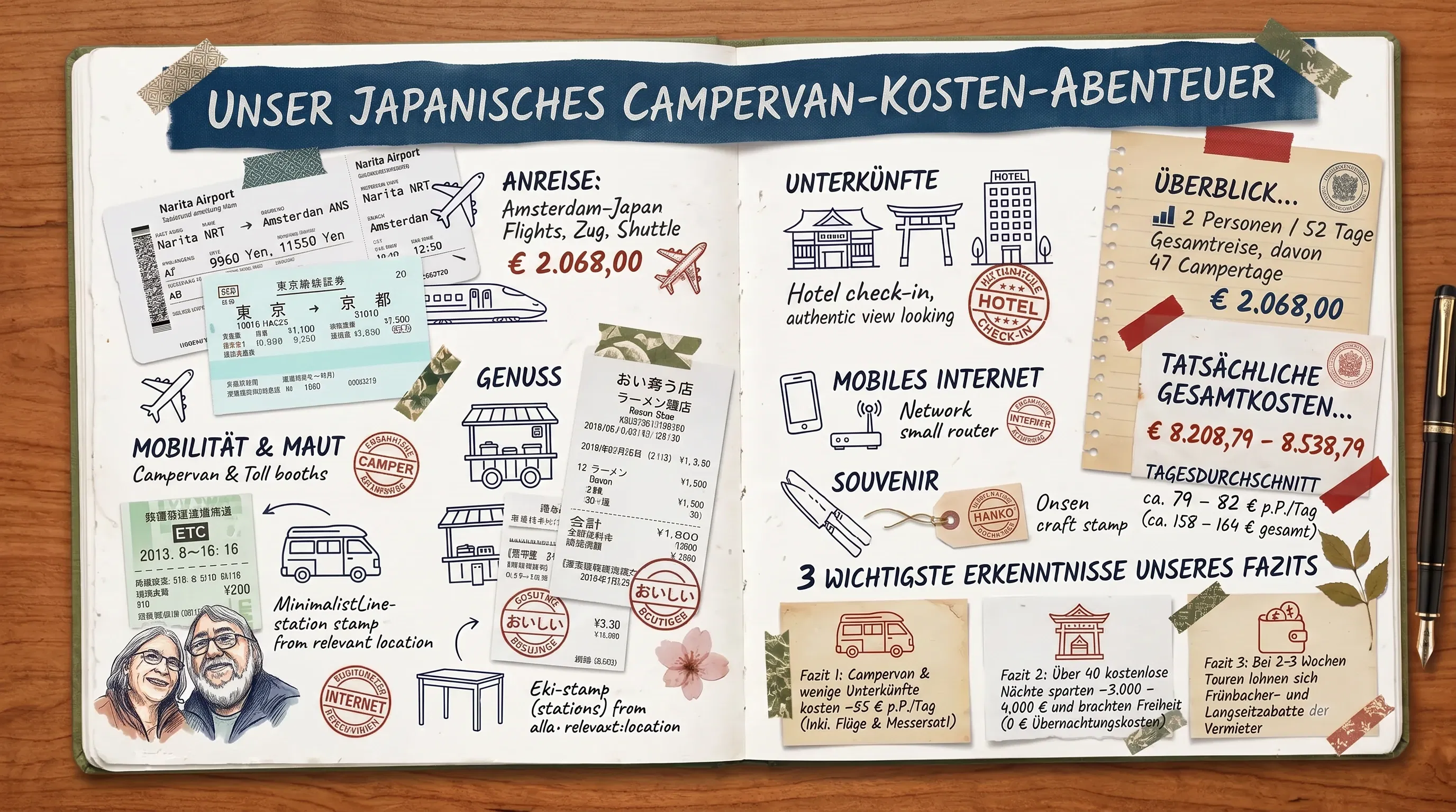 Illustrated infographic showing the costs of a 52-day Japan road trip: €8,208.79–€8,538.79 total for two people, including 47 days in a Nissan DUO campervan.