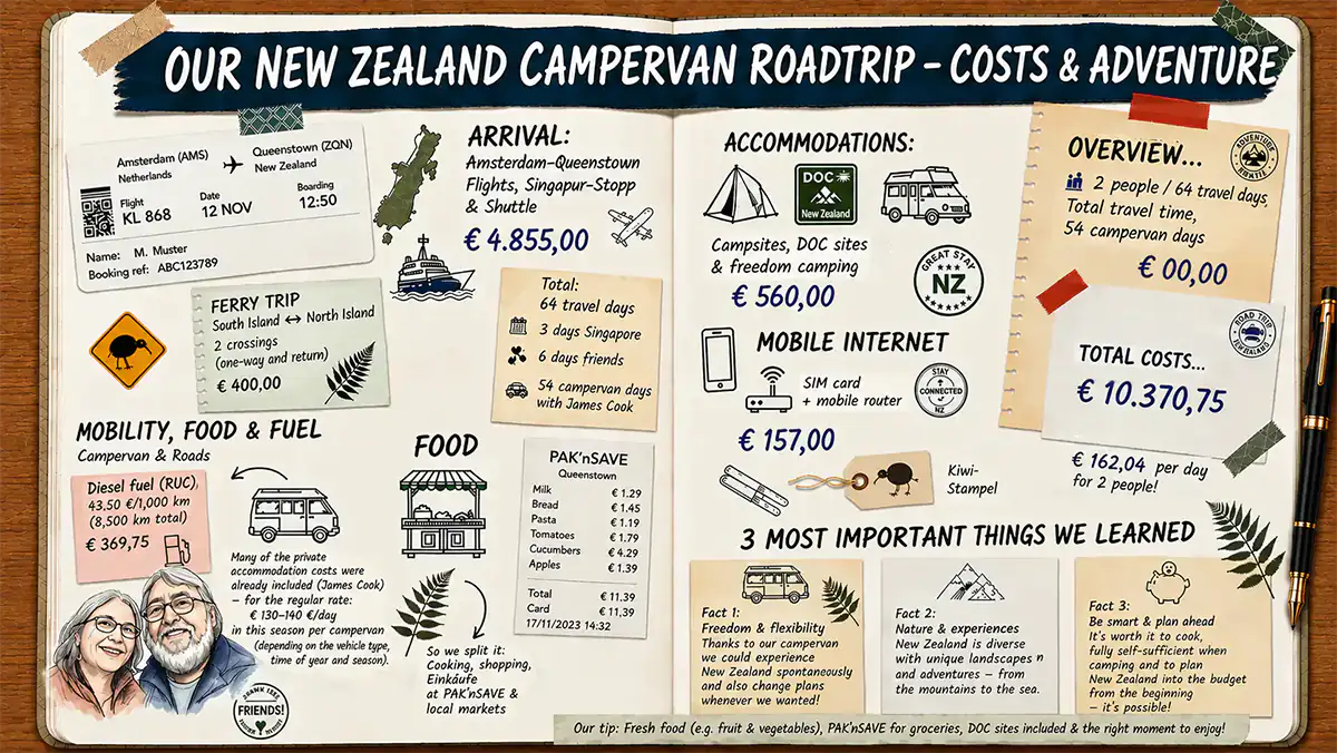 New Zealand Campervan Costs: 64 travel days, including 54 campervan days in the James Cook, total cost of 10,370.75 Euros for two people