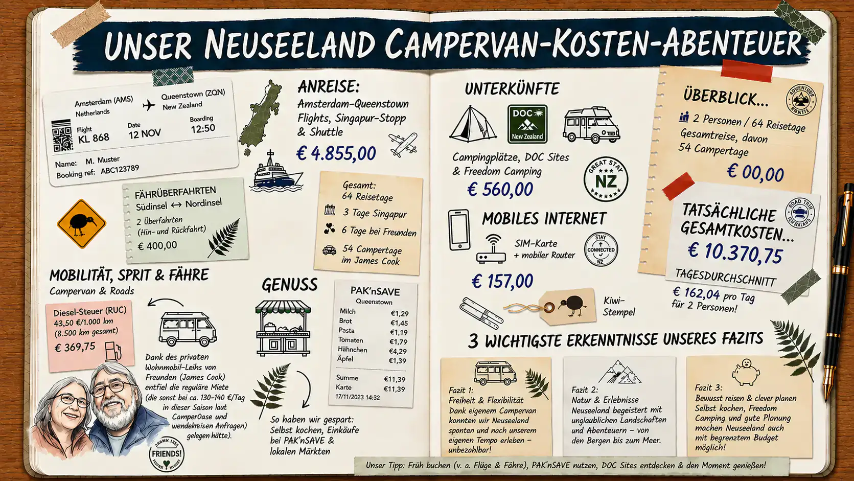 Neuseeland Campervan-Kosten: 64 Reisetage, davon 54 Campertage im James Cook, Gesamtkosten von 10.370,75 Euro für zwei Personen