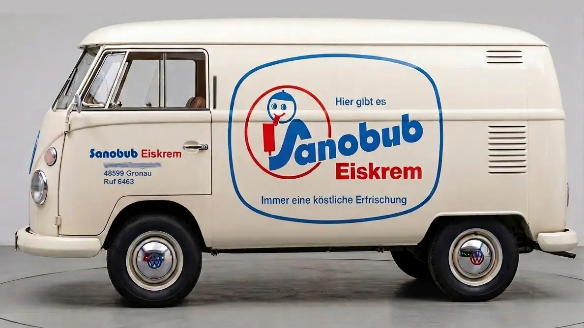 Historischer cremefarbener VW T1 Lieferwagen mit Sanobub-Eiskrem-Schriftzug