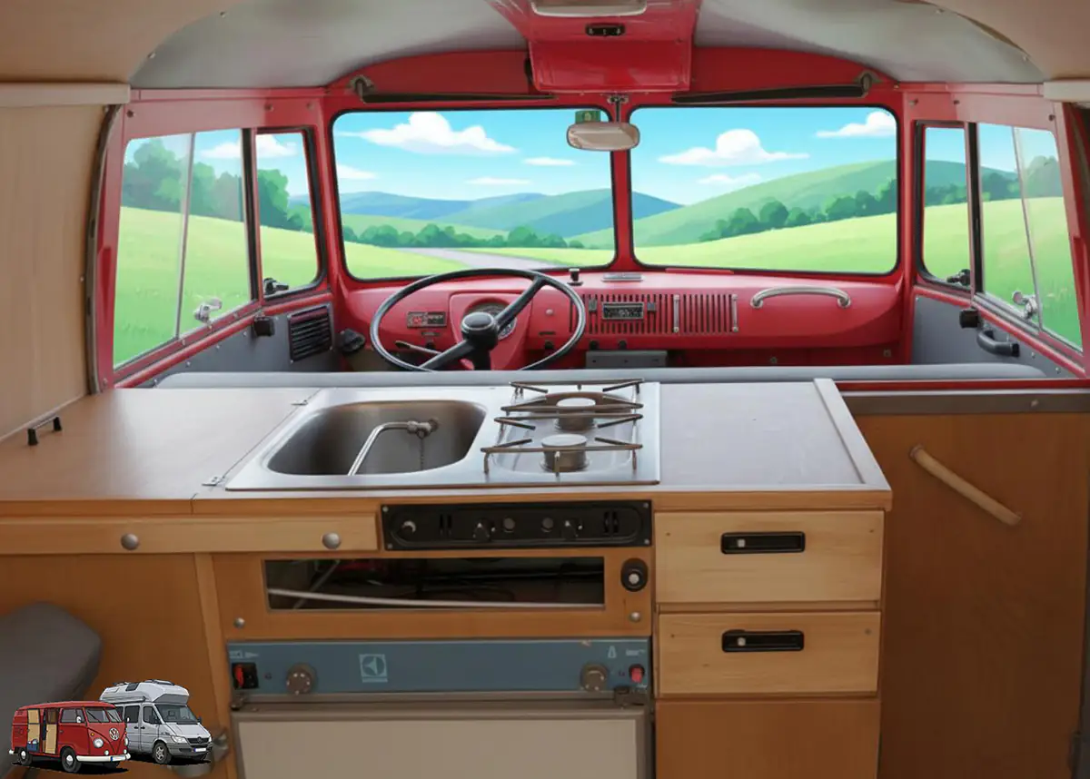Küchenblock im roten VW T1 mit Blick durch die Frontscheiben auf eine Berglandschaft