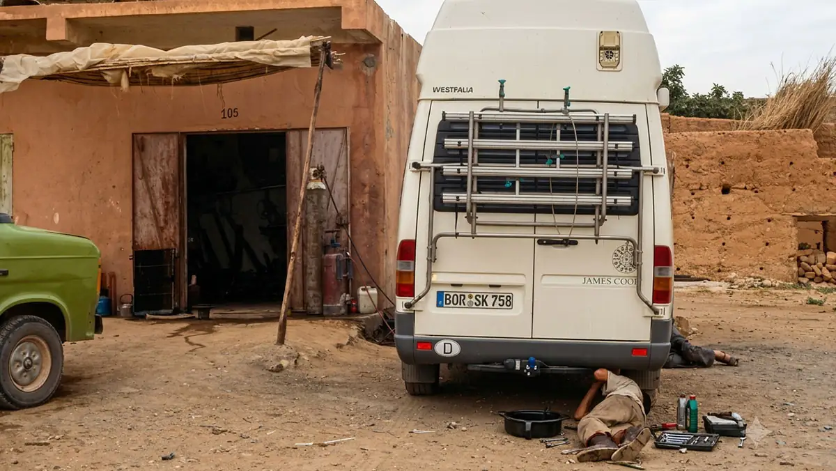 Weißer Westfalia James Cook an einer Werkstatt in Lehmarchitektur