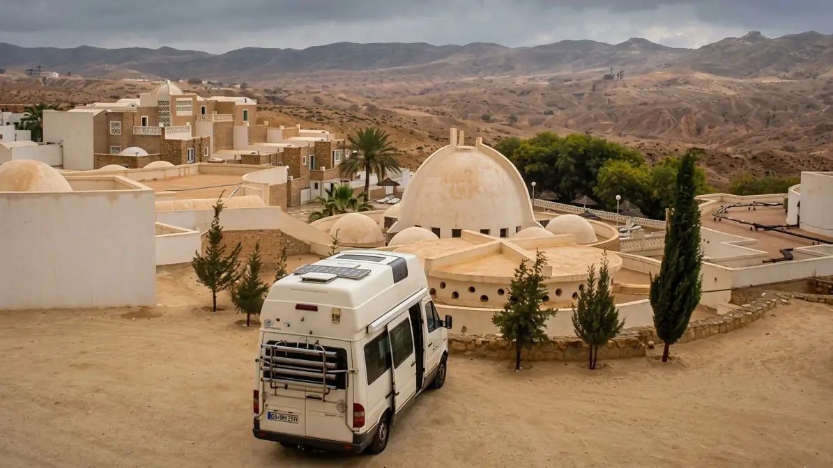 Weißer Westfalia James Cook oberhalb einer Oase mit Kuppelbauten und karger Berglandschaft