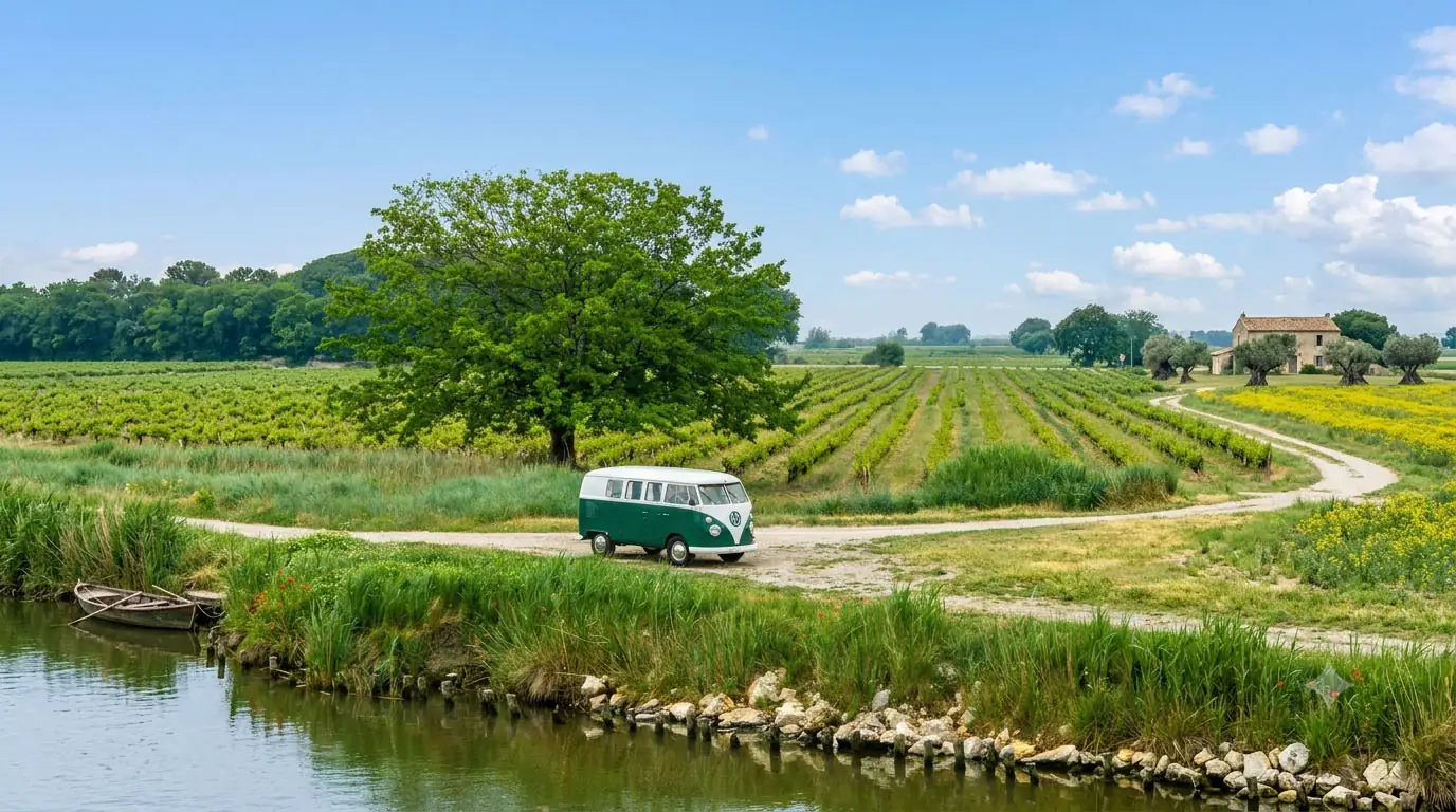 Grün-weißer VW T1 auf einem Feldweg zwischen Wasserlauf und Feldern in der Camargue