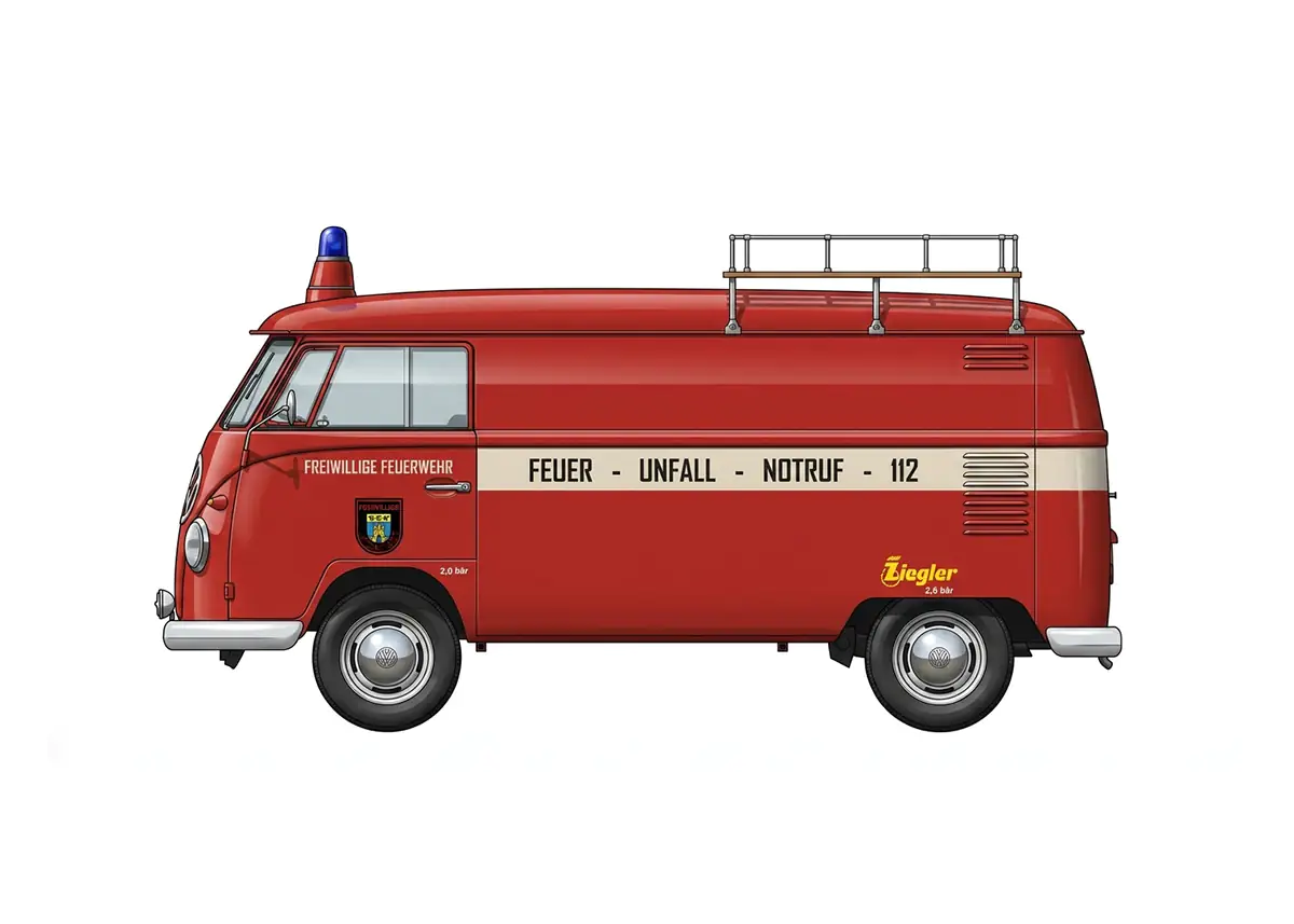 Roter VW T1 Kastenwagen der Freiwilligen Feuerwehr mit Blaulicht und Notruf-Schriftzug
