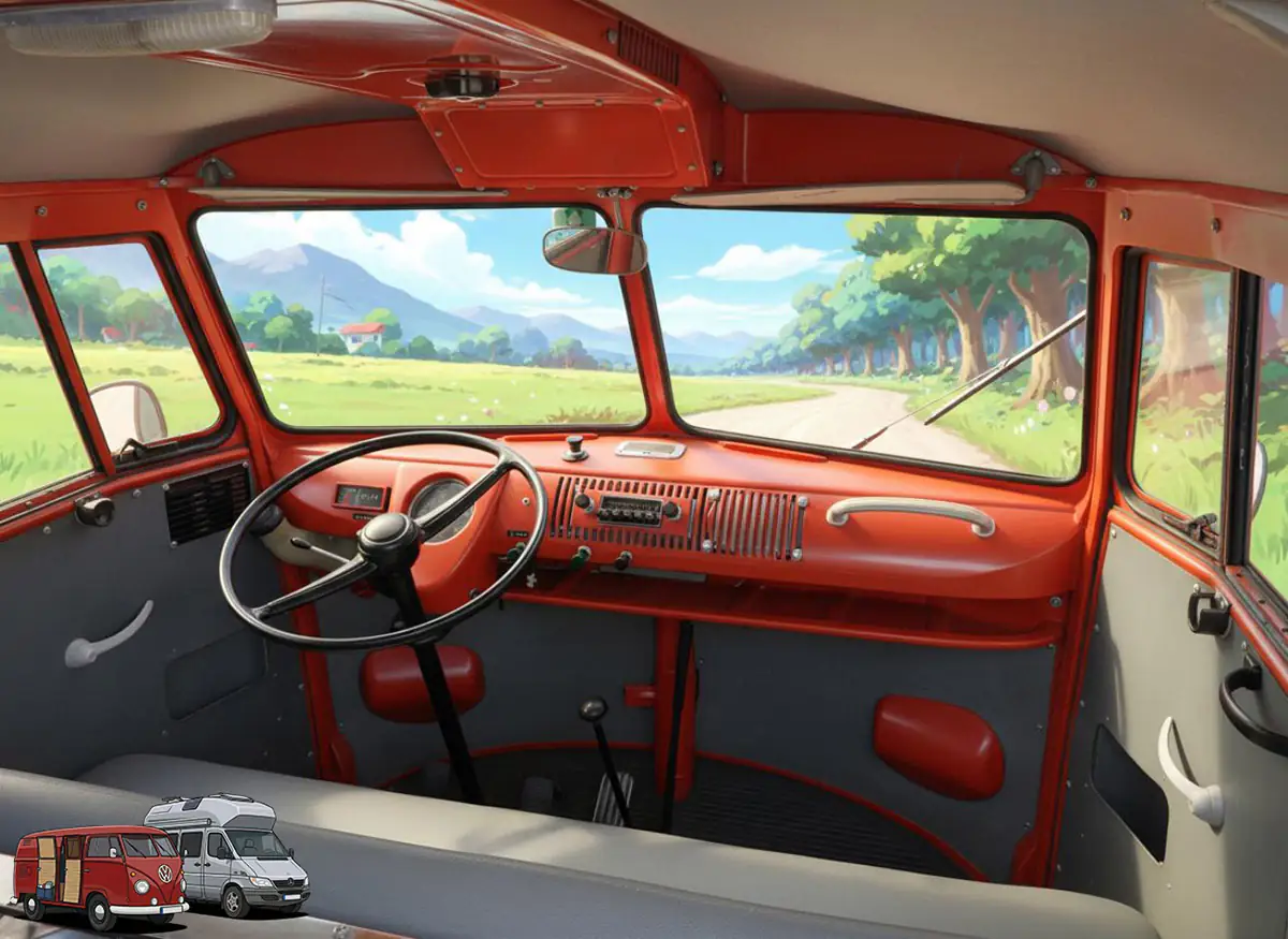 Rotes Cockpit eines klassischen VW T1 mit Blick auf eine Berglandschaft